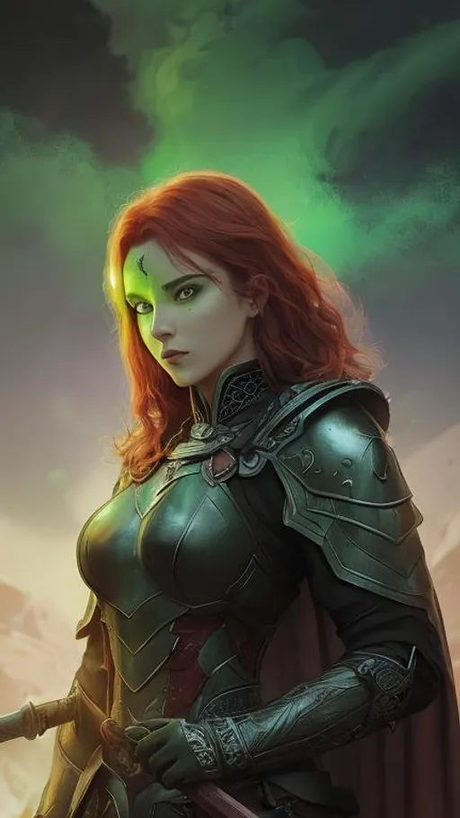 Prompt: a Caucasian woman with red hair in black crusader armor rests on her sword in the middle of a dark crater filled with glowing green acid. the sky is dark and she is surrounded by glowing green mist. Behance hd,