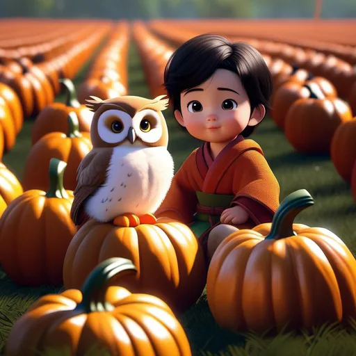 Prompt: a baby that is holding a stuffed animal in a pumpkin patch, cinematic cgsociety, ghailan!, cute owl, tangled, aww, unreal engine: .2, profile picture 1024px, mulan, cute young man, 2 0 1 9 anime, lorax movie, photoreal details