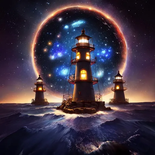 Prompt: An epic fantastic realism comic book style painting of the most beautiful spinning LIGHT HOUSES , launched across the dark and starry night sky,  fisheye, unreal 5, DAZ, hyperrealistic, octane render, dynamic lighting,FUNNY