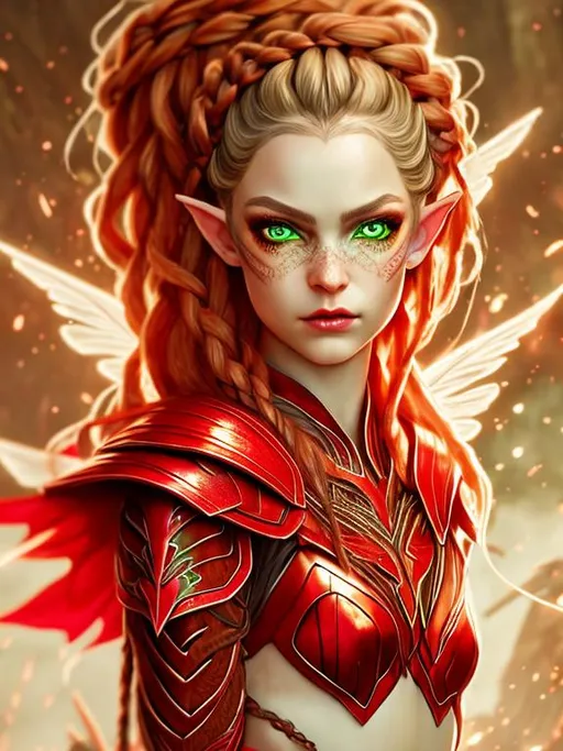 Prompt: Half-Nymph Half-Elf woman. 
Large, Fairy wings. 
Beautiful Face, 
Long, bright red, braided hair.  
Piercing green eyes. 
Smirking.
Intricate Leather Armor that covers her whole body.
Sitting in a tavern.
Full Body.