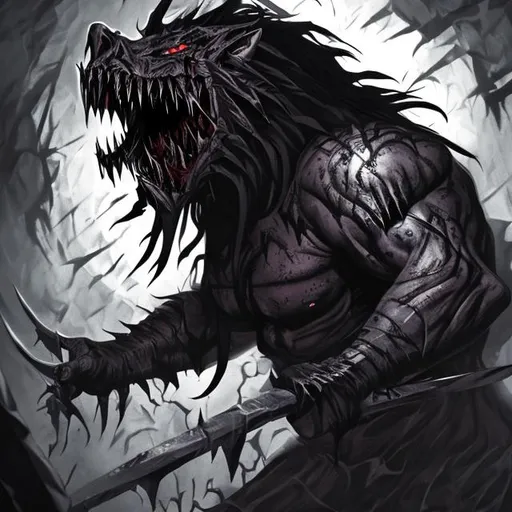 Prompt: Dark God with long black hair, black eyes and razor sharp teeth