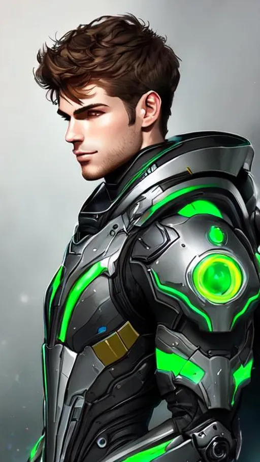 Prompt: lanky Caucasian male with short brown hair and a sly grin, wearing silver biomechanical warframe armor. He is surrounded by glowing green mist. Behance HD, airbrush art