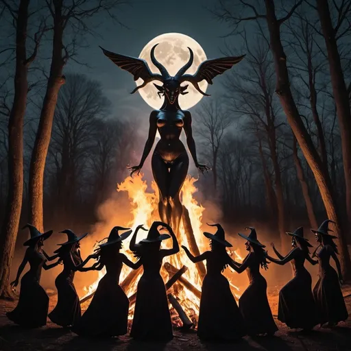 Prompt: 6 witches dancing around a fire pyre in the woods during a full moon with a looming massive baphomet statue barely visible in the background shrouded in darkness and trees