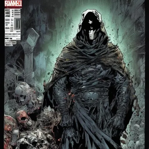 Prompt: Todd McFarlane. The Phantom and dr doom variant. muscular. dark gritty with some colour. Bloody. Hurt. Damaged. Accurate. realistic. evil eyes. Slow exposure. Detailed. Dirty. Dark and gritty. Post-apocalyptic. Shadows. Sinister. Intense. 
