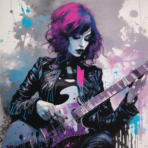 Prompt: Portrait of an gothic beautiful guitarist girl playing an electric guitar art by  Adam Hughes, Rene Gruau, Conrad Roset, john blanche, kent morkman, Chris Bachalo, Benedick Bana, William burroughs, calligraphy smoke inking, dripping metallic crossed black, Pink, purple blue and metallic silver paint, Intricate portrait of ornate gothloli in ragged punk fashion, futuristic tattered rags, stylized fantasy art by wlop, artgerm, peter mohrbacher, bloodborne concept art, kentaro miura, kevin oneill, frazetta, trending on artstation, Masaaki asamoto beksinski frank miller lee bermejo Marc Simonetti egon schiele Joaquín Sorolla Simon Stalenhagmat brown  Matti Suuronen Jeffrey Larson druillet Tom Thomson Ross Tran James Turrell Van Gogh frazetta Rembrandt Louis Wain