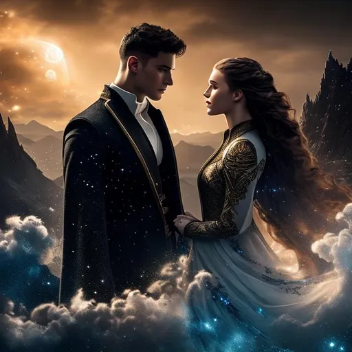 Prompt: Rhysand and Feyre in starry night, portrait, 1/3 portrait, concept art, mid shot, intricately detailed, color depth, cinematic, oil splashes, intricate detailed