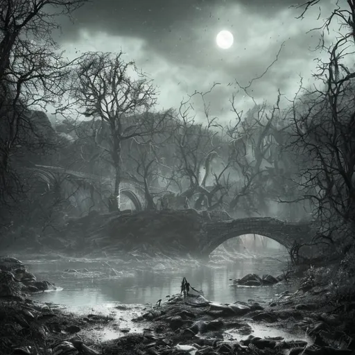 Prompt: goth,deep,dark,creature,lurking,ultra realistic,lost soul,elden ring,landscape,bridge,moon,lost forest,sea