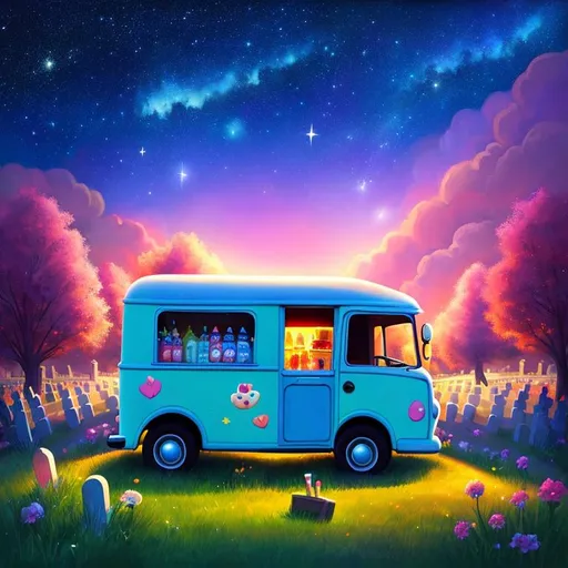Prompt: Cute Pixar style painting, a hilly graveyard, an ice cream truck, soft light, backlit, midnight, galaxy, stars