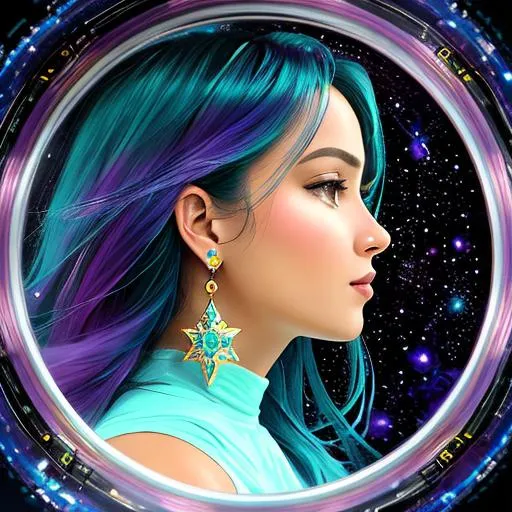 Prompt: A portrait of a woman, colors of aqua blue and purple, cosmic background