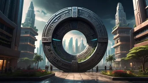 Prompt: magical portal between cities realms worlds kingdoms, circular portal, ring standing on edge, upright ring, freestanding ring, hieroglyphs on ring, complete ring, ancient aztec architecture, gardens, hotels, office buildings, shopping malls, large wide-open city plaza, panoramic view, dark night, futuristic cyberpunk tech-noir setting