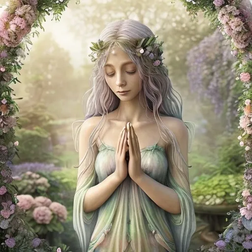 Prompt: (watercolor style), (Faerie Goddess of Peace and Tranquility), ethereal garden filled with ghost flowers, warm color scheme, soft and dreamy light, delicate floral details, serene atmosphere, gentle wisps of mist, harmonious floral arrangements, tranquil emotions radiating, enchanting background with lush greenery, enchanting accents, high quality, ultra-detailed, magical aura surrounding the scene.