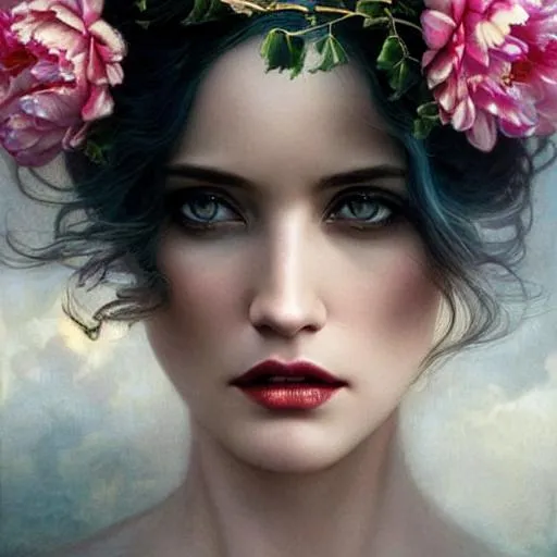 Prompt: Detailed eyes flawless eyes “Gorgeous white peony flowing_hair kat_dennings lovely Ana_de Armas, reese_witherspoon goddess,” intricate, dramatic pose, rule of thirds, magnificent, masterpiece portrait by tom bagshaw, by minjae lee, by android jones, by WLOP, mucha, Waterhouse, by eve ventrue, by anna dittmann, by Alessio Albi, dynamic lighting, astral, cosmic"