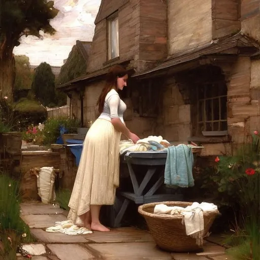 Prompt:  Woman doing washing clothes outside the cottage, pregnant, oil painting by John William Waterhouse 
 perfect composition, super detailed, high quality, trending art, trending on artstation, sharp focus