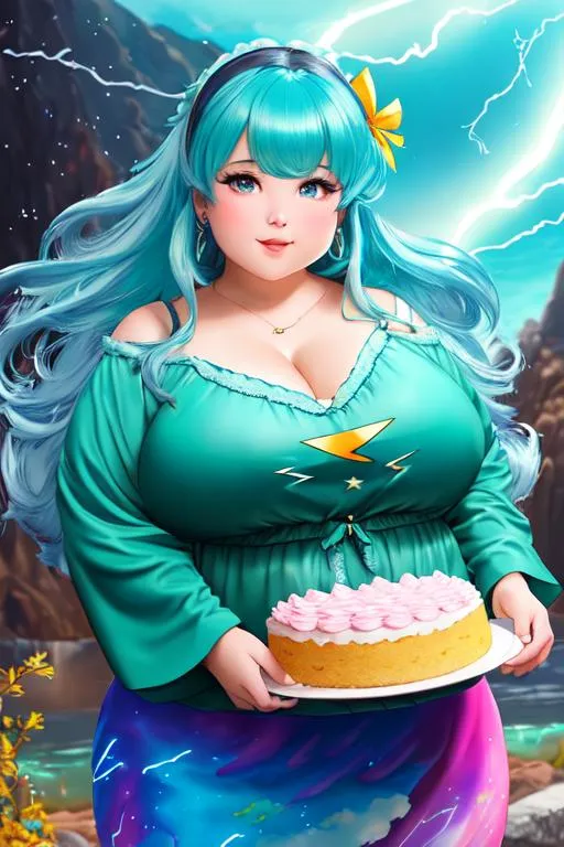 Prompt: oil painting, UHD,  8k, Very detailed face, panned out, cute chubby female lightning elemental, she is gluttonously devouring an extremely large cake, causing her clothes to be stained, chubby cheeks, fat thighs, fat belly, she has flowing hair, she wears a very tight turquoise Japanese skirt with frosting stains on it, a turquoise cloth across her chest, she is bursting out of her clothes, she is laying down on the ground,  