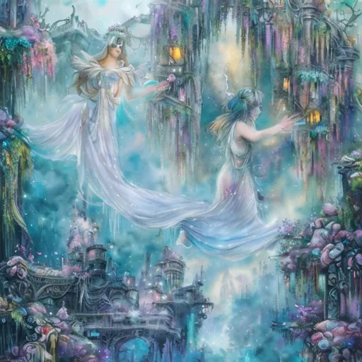 Prompt: watercolor, wet on wet painting of a beautiful floating ethereal woman goddess with a beautiful face, floating in an ethereal sea of dreams among the ruins of an abandoned, post apocalyptic futuristic city, surrounded by flowers and vegetation, in the style of steampunk, Josephine Wall and Daniel Merriam, HD, 8k, High resolution, centered