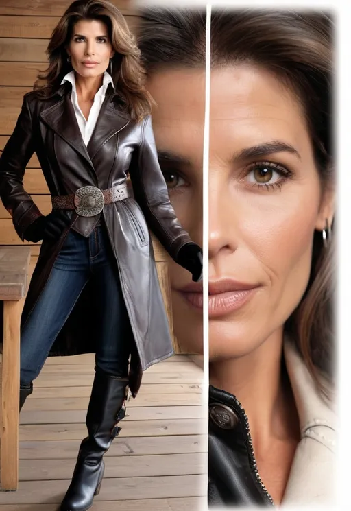 Prompt: photorealistic Kristian Alfonso detailed face, high-quality, professional, detailed eyes,  realistic, intense gaze, celebrity, professional lighting, detailed facial expression, high resolution, wearing leather coat, gloves, very tall buckle boots on wooden floor,  intricate details, realistic skin tones, professional photography