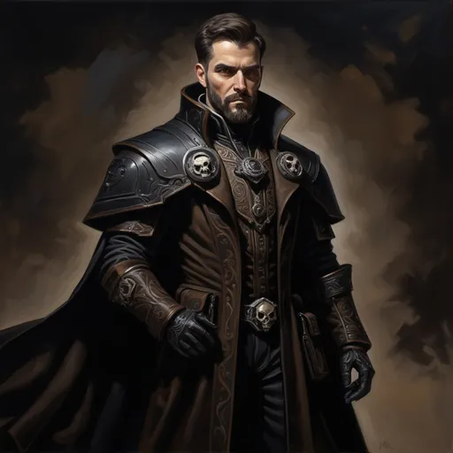 Prompt: full-body oil painting of a male Warhammer 40k sanctioned psyker, dark tones, (short thick brown hair), (styled full brown beard), worry lines, (brown eyes), detailed, oil painting, dark fantasy, intense gaze, wh40k, dark black clothing, (soft highlights), (soft shadows), painterly, painted, 19th century impressionist brushwork, dark black gunmetal hi-tech psyker light armor, dark black gunmetal 40k psyker hi-tech gear, ((psyker)), Caucasian, up-lit under-lit face, highly detailed facial features, soft studio lighting, epic confident standing pose, black duster, black great-cloak, black gaiters, black heavy-sole boots, black gloves, 