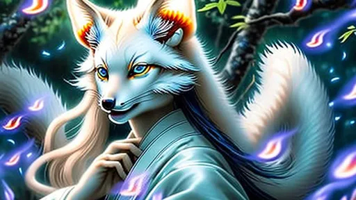 Prompt: Beautiful kitsune with vivid blue eyes that glow, long flowing white hair, decadent silk kimono in a field surrounded by fireflies Hyperrealistic uhd