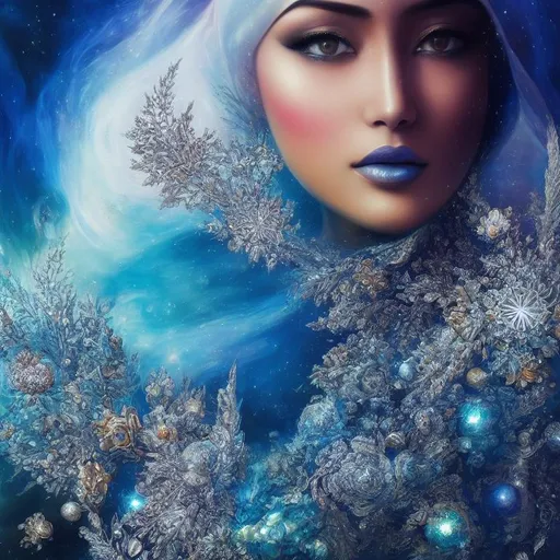 Prompt: full color Fractal parabolic geometry exists in the background knowledge of the space, full color Fractal trigonometric geometry exists in the foreground knowledge of the world, a full body beautiful woman rym amari wearing a hijab made of silver with jewelry and diamonds by karol bak, ayami kojima, artgerm, sakimichan, turkish beauty, very detailed beautiful blue eyes,  very detailed beautiful face, concept art, fantasy