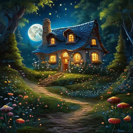 Prompt: ""cute whimsical cottage in the forest!!! Fireflies!!", Moon in intricate sky, night, insanely detailed matte painting with rough paint strokes, 16k resolution, oil on canvas, fine art, super dramatic light, sharp focus, vibrant triadic_colors, deep depth of field; natural sense of depth, super dramatic lighting"
""cute whimsical cottage in the forest!!! Fireflies!!", Moon in intricate sky, night, insanely detailed matte painting with rough paint strokes, in the style of Carne Griffiths, Yang J, jean baptiste monge, Jeremy Mann, Liz Gael,16k resolution, oil on canvas, fine art, super dramatic light, sharp focus"
"Moon in intricate sky, night, detailed fantasy background, hyperdetailed; magic clock epic bonsai treehouses village, realism; incredible composition; dynamic lighting; meticulously composed, concept art, indigo, fascinating stars, masterpiece, Splash art, Spanish villa, digital illustration, Salvador Dali, Ferdinand knab, Reflections, cell-shaded, Volumetric lighting"