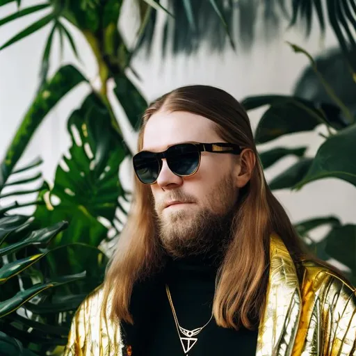 Prompt: Norwegian DJ with long hair and a long beard. He is wearing a black turtle neck and gold necklace. Danish modern house with tropical plants. He is wise and young. Star sunglasses.