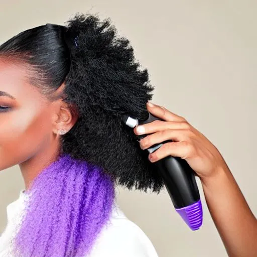 Prompt: Purple blow dryer on a black girl’s hair texture
