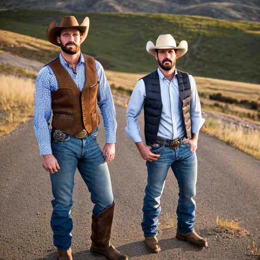 Prompt: 6'4" modern male cowboy, burly, rugged, hairy, tattoos, tight wrangler jeans, cowboy boots, brown leather vest, plaid shirt, gun holster attached at belt and thigh, on a ranch, watching horses, dynamic pose, full body