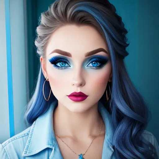 Prompt: A woman all in blue, blue eyes, pretty makeup