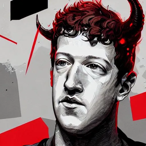 Prompt: highly detailed closeup portrait of mark zuckerberg as a devil with horns, mudoken, by atey ghailan, by greg rutkowski, by greg tocchini, by james gilleard, by joe fenton, by kaethe butcher, gradient red, black, brown and white color scheme, grunge aesthetic!!! white graffiti tag wall background