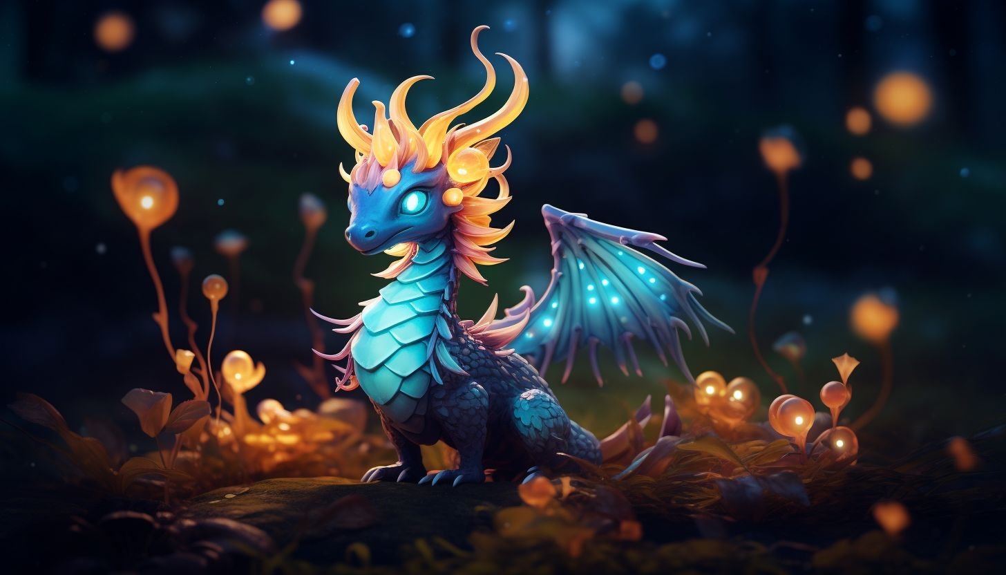 Prompt: a dragon standing in the grass near glowing lights on a dark night, in the style of cyril rolando, miki asai, intricate embellishments, animal figurines, dark white and light cyan, elaborate, pixel art