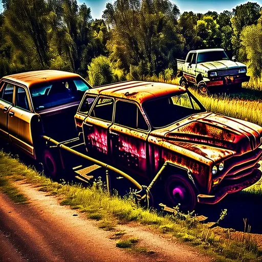 Prompt: tow rig towing a rusty car