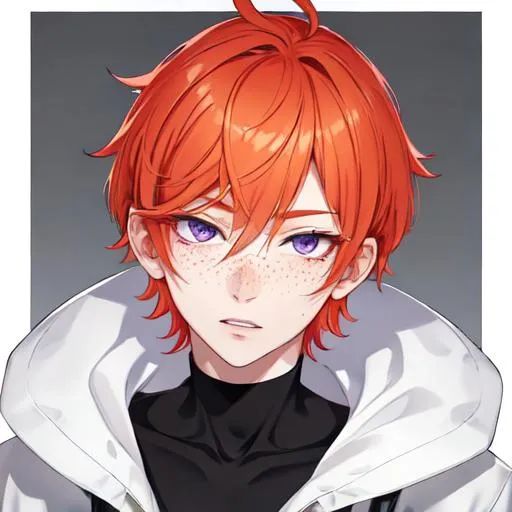 Prompt: Erikku male (short ginger hair, freckles, right eye blue left eye purple) UHD, 8K, Highly detailed, insane detail, best quality, high quality, casual outfit