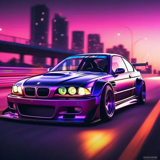 Prompt: 2001 BMW M3 E46 GTR, synthwave, aesthetic cyberpunk, miami, highway, dusk, neon lights, coastal highway, dusk, neon lights, coastal highway, sunset, drift, nurburgring, water on the road, blade runner, 64k, watercolor, macro sharp focus, 8, hyper realistic, cinematic, highly detailed, photoraelistic, clean