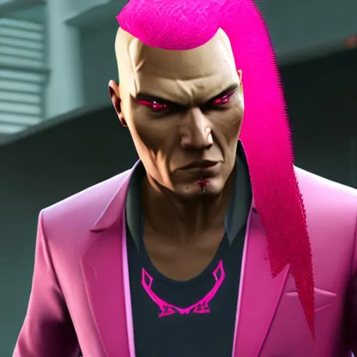 Prompt: Agent 47, in pink, with a red mohawk
