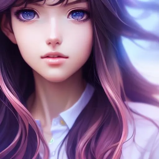 Prompt: Closeup face portrait of a cute girl, smooth soft skin, big dreamy eyes, beautiful intricate colored hair, symmetrical, anime wide eyes, soft lighting, detailed face, by makoto shinkai, stanley artgerm lau, wlop, rossdraws, concept art, digital painting, looking into camera