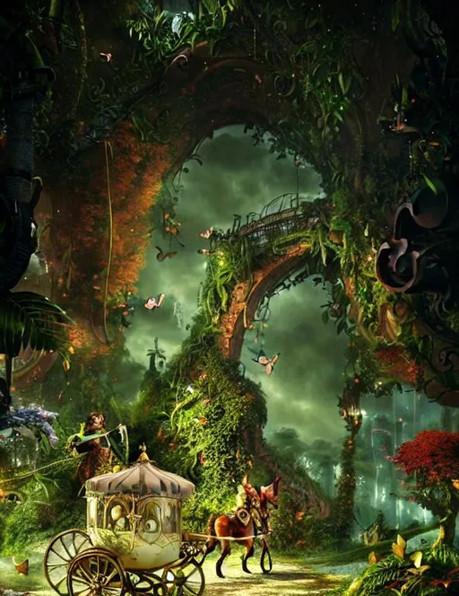 Prompt: a fairytale horse and buggy, lush jungle, detailed matte painting, deep color, fantastical, intricate detail, splash screen, complementary colors, fantasy concept art, 8k resolution trending on Artstation Unreal Engine 5 Epic cinematic brilliant stunning intricate meticulously detailed dramatic atmospheric maximalist digital matte painting