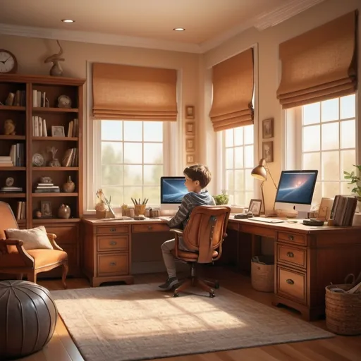 Prompt: young joyful boy, cozy home office environment, (warm colors), tranquil and serene atmosphere, inviting furniture, artistic decor elements, soft lighting, (high resolution) 2000x1000 pixels panoramic view, harmonious composition, serene color palette, natural light streaming through the window, detailed textures, ultra-detailed craftsmanship.