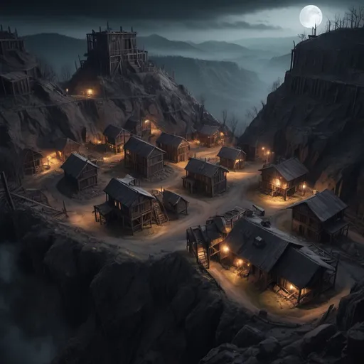 Prompt: abandoned small mining settlement, on a hilltop, mine shafts, barracks, furnaces, surrounded by palisades, birdview, wooden materials, dark and eerie lighting, immersive world-building, high quality, detailed, epic scale, rpg-fantasy, horror, game style, ghostly atmosphere, spooky night, forrest