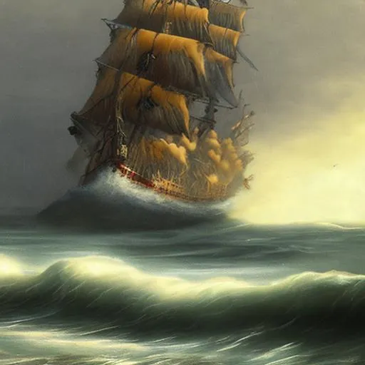 Prompt: A pirate ship at sea with the waves coming up over the sides and a mist rolling in