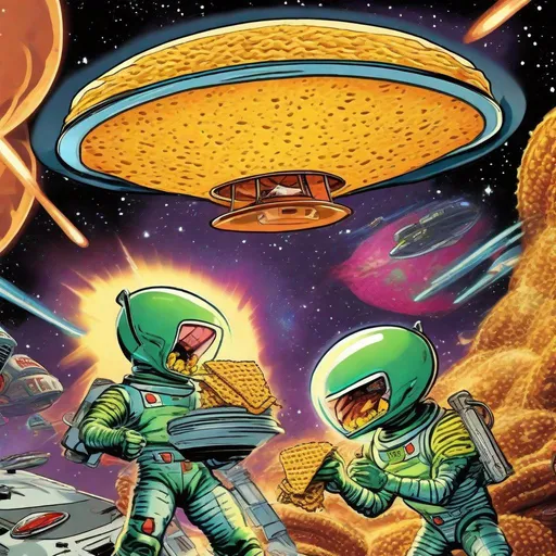 Prompt: a grill cheese sandwich in space fighting alien corn chips in a flying saucer. laser blasts, epic, exciting, mid battle, retro comic, mars attacks! 