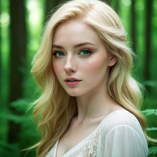 Prompt: Blonde hair, freckles, green eyes, pale skin. Mysterious forest. woman。high quality.hyper quality ,in detailed.