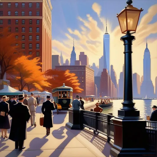 Prompt: Battery Park, downtown Manhattan, 1930s, cartoony style, extremely detailed painting by Greg Rutkowski and by Henry Justice Ford and by Steve Henderson