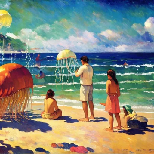 Prompt: Giant jellyfish on the beach with tourists, water spray, waves, Masterpiece, top quality, best quality, official art,  art by Gauguin