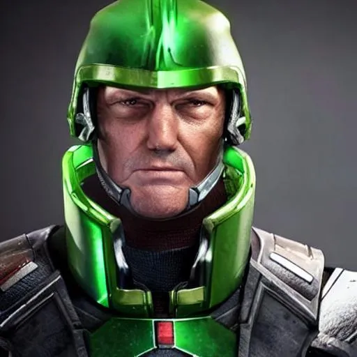 Prompt: A space soldier commander stands towards you with a serious look in his eyes. He is a grizzled veteran who is in his 50's and is smoking a cigar. He has green armor on.