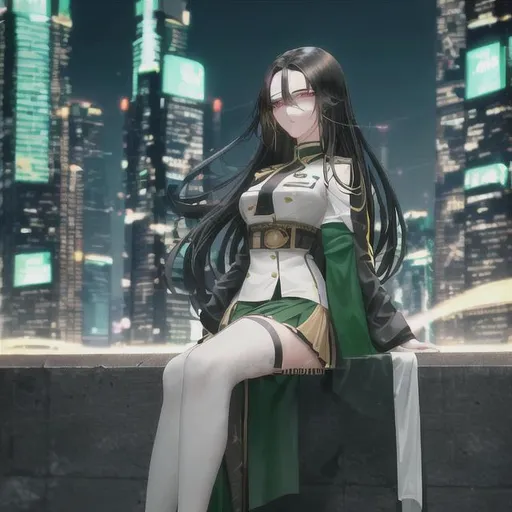 Prompt: Masterpiece, 30 years age, female, long black hair With one green line, Wearing a white uniform with a rank on the shoulder, Green skirt with gold trim, high heels, standing above the cyberpunk city, Night time with fireworks, with a sharp gaze, beautiful face, full body