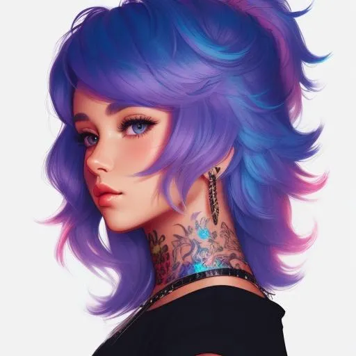 Prompt:  highly detailed concept art, beautiful person, fluffy hair, pony cut, modern streetwear, young woman, glowing tattoos, going in for a kiss, art by  Sakimichan