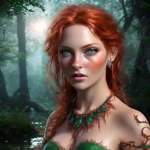 Prompt: HD 4k 3D professional modeling photo hyper realistic beautiful enchanting woman orphan copper hair fair skin blue eyes gorgeous face green dress pirate cave with treasure louisiana swamp diamonds and gems magical landscape hd background ethereal mystical mysterious beauty full body