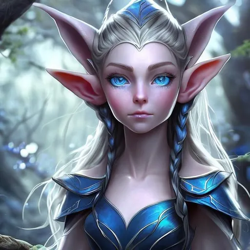 Prompt: A woman of the elf race with huge blue eyes that are shimmering in the light that shines her blue long hair is in a ponytail.On her head sits a beautiful grown. She stands on a tree with a bow in her hand.   She has two pointy ears. On them there are earrings.  On one of them is a blue Saphire she does look a little bit downwards and smiles brighly