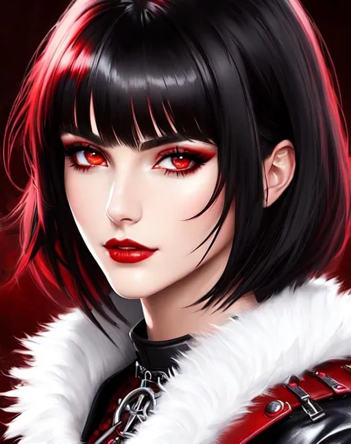 Prompt: 18 years old, short dark hair, red eyes, vampire fangs, happy, red steampunk coat, black leather pant, parted bangs, ethereal, wild hair, royal vibe, highly detailed, digital painting, Trending on artstation, Big Eyes, artgerm, highest quality stylized character concept masterpiece, award winning digital 3d oil painting art, hyper-realistic, intricate, 64k, UHD, HDR, image of a gorgeous, beautiful, dirty, highly detailed face, hyper-realistic facial features, perfect anatomy in perfect composition of professional, long shot, sharp focus photography, cinematic 3d volumetric