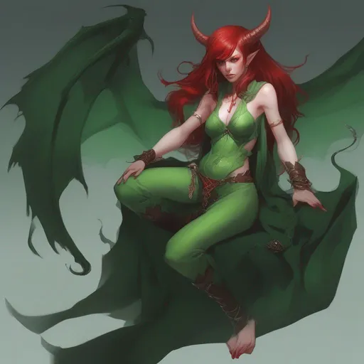 Prompt: dnd a green female demon with red hair